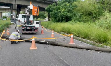 Poste cai e causa interdição parcial na Avenida Sanhauá, em João Pessoa